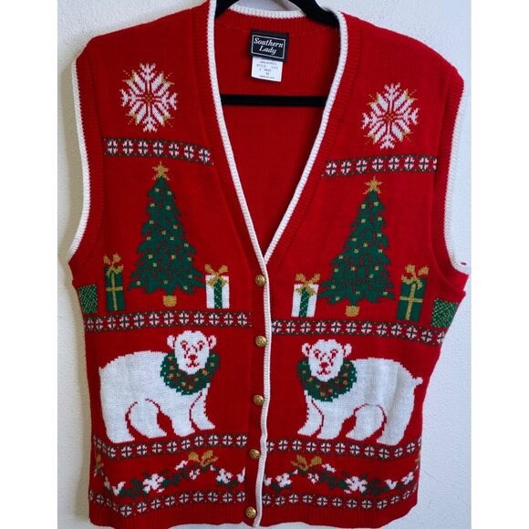 Vintage Southern Lady USA Sweater Cardigan Medium Christmas Polar Bear Tree Red - Picture 1 of 4